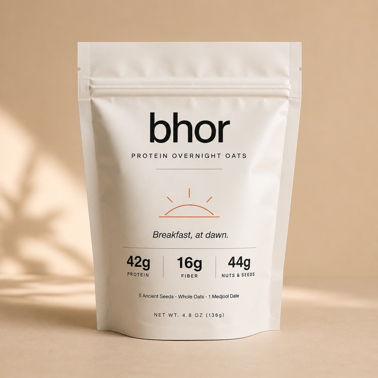 bhor Original pouch with bowl of oats, jar of seeds, and Medjool dates